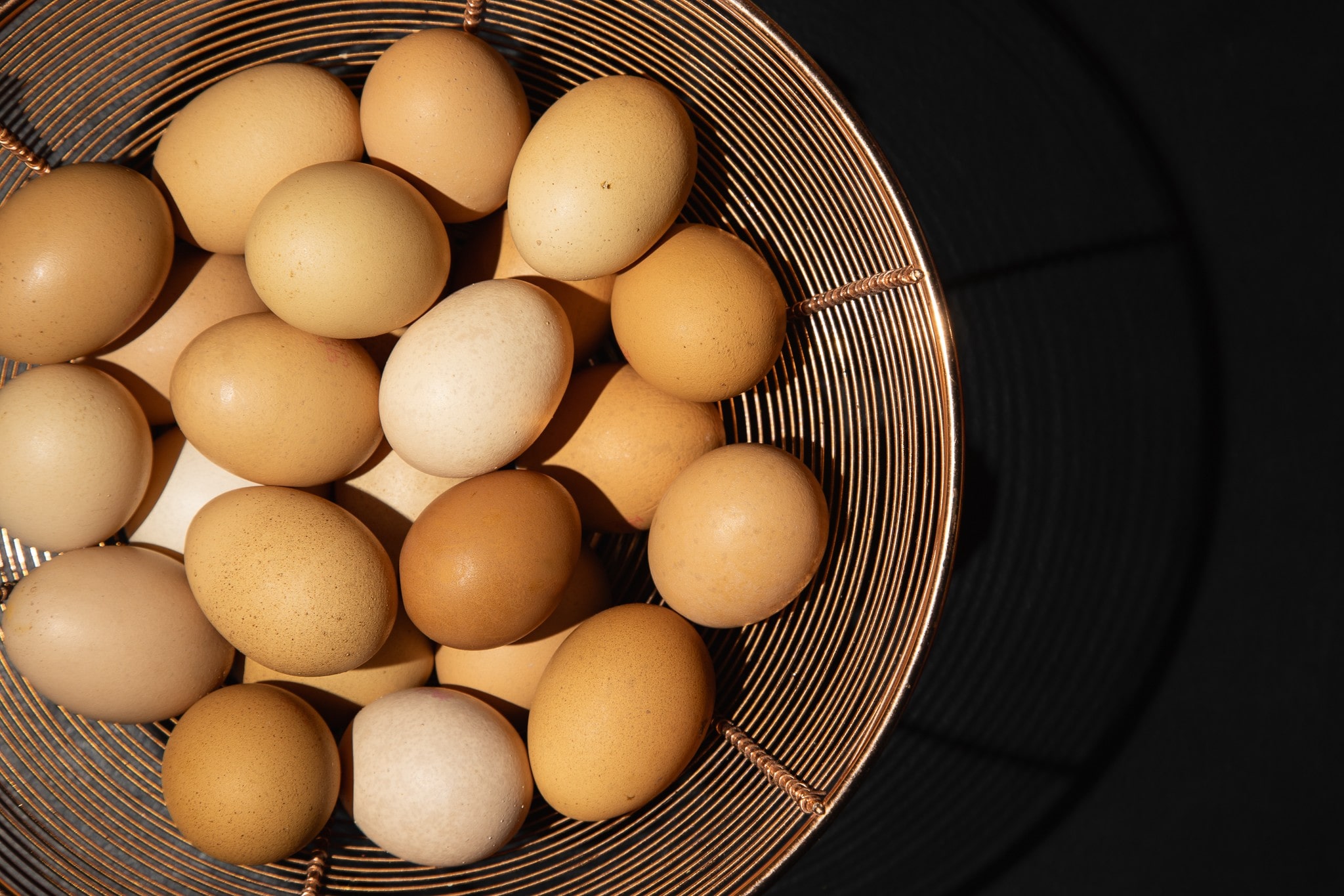 Food Photograph of Fresh eggs gathered in a wire basket against a black background. Negative space for editorial working.