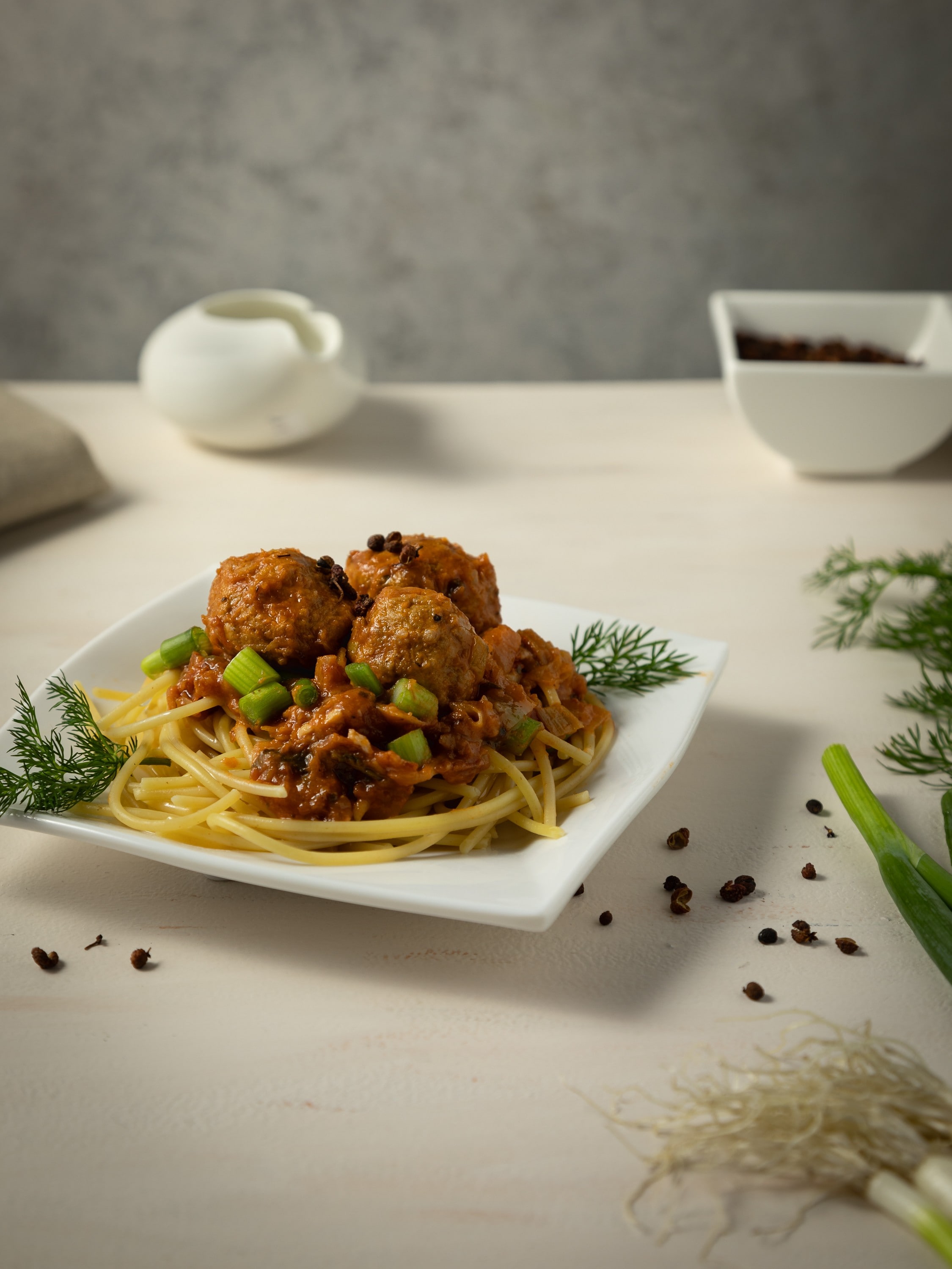 Fresh airy photograph of Spaghetti and Meatballs prepared for serving.