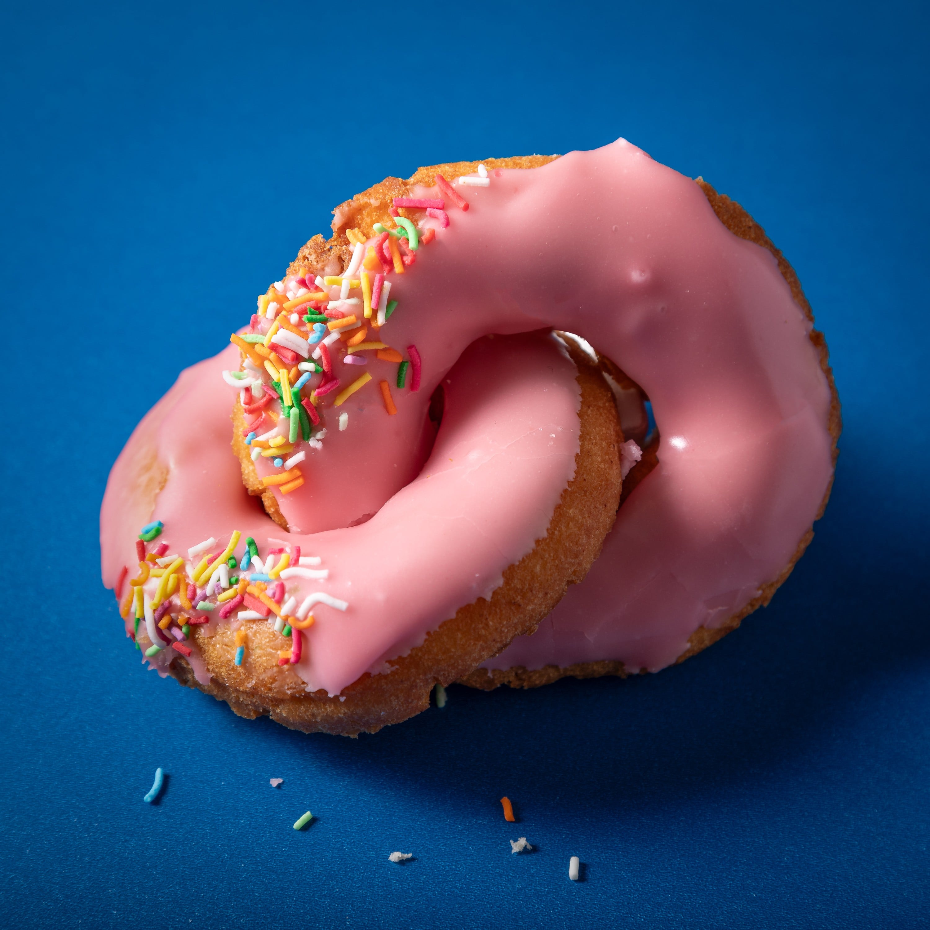 Two pink strawberry donuts rings linked together on a bright blue background. Photographed and copyright Steve Wickenton